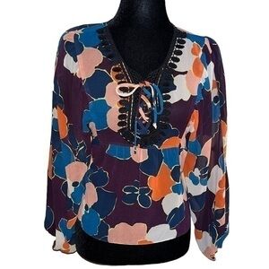 BCBGGeneration Cropped Colorful Sheer Floral Long Sleeve Lace up Top Size XS